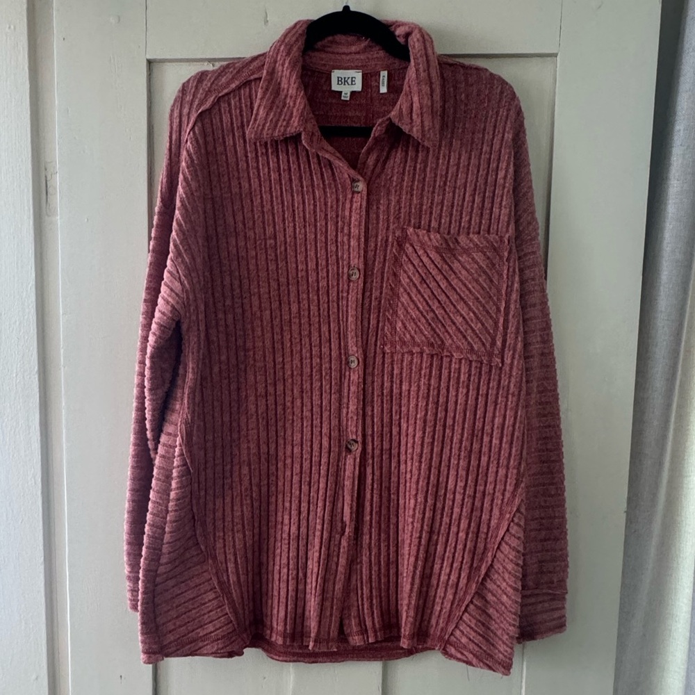 BKE Ribbed Button Down Shacket – Soft Knit Oversized Top Dusty Rose Women’s L